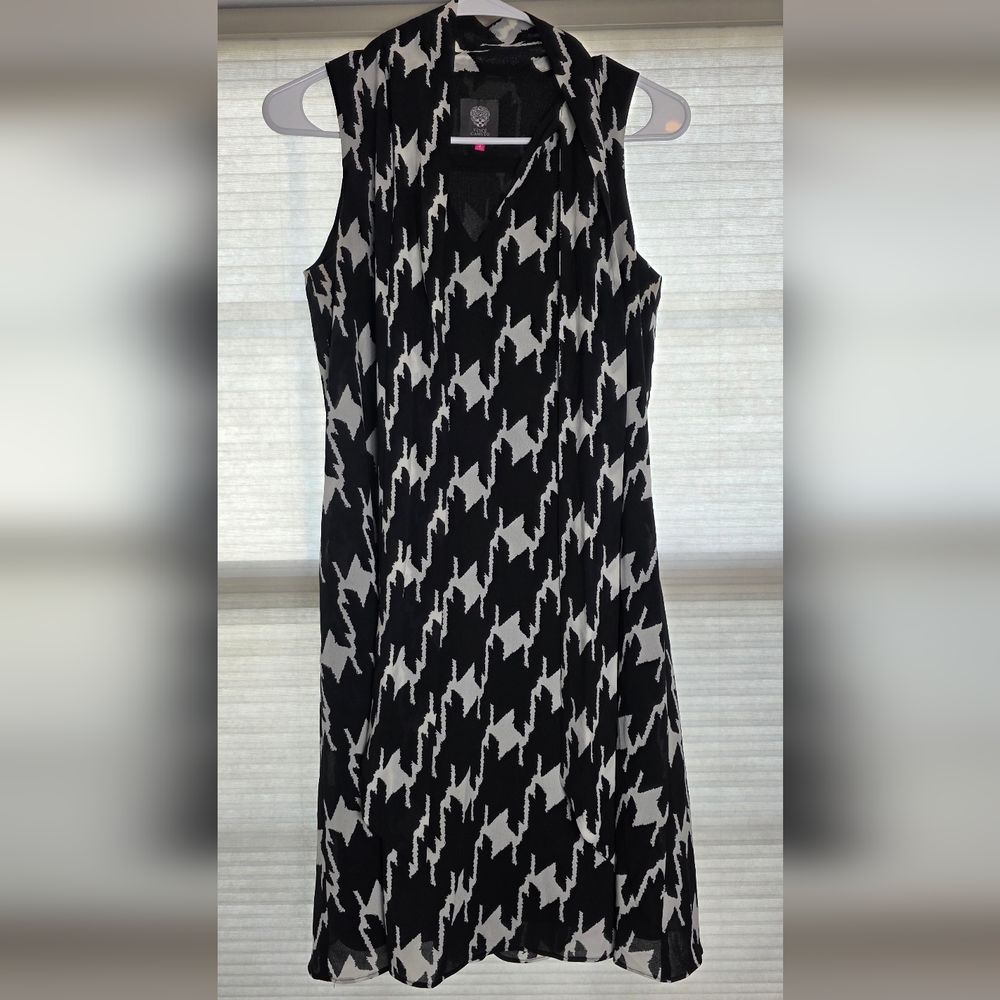 Vince Camuto Houndstooth Dress, Black & White, Size 2, Draped Collar, Sleeveless